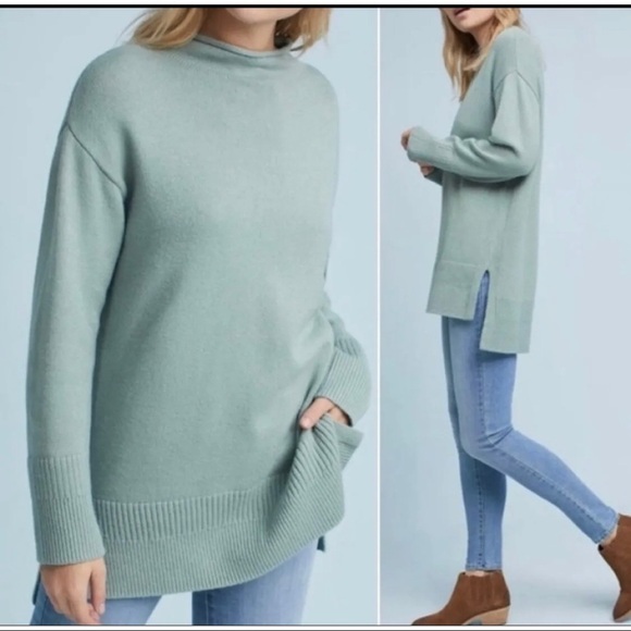 Moth Anthropologie Sz XXS 2XS Green Mock Neck Tunic Long Oversized Sweater - Picture 1 of 11